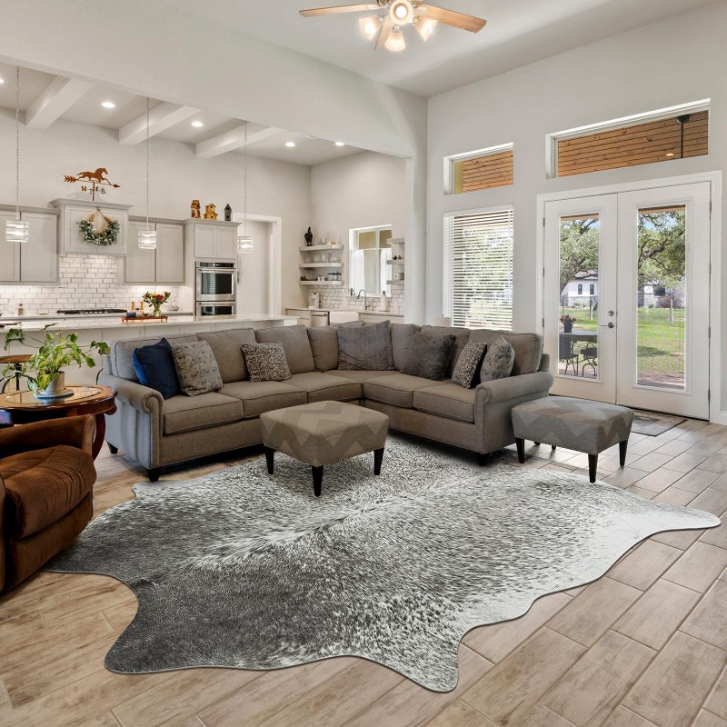 Rtizon Faux Cowhide Rug for Living Room, 4.6 x 5.2 Feet Grey, Cow Print Skins Rug for Bedroom, Premium Faux Fur Animal Cow Hide Rugs Carpet for Western Decor - Image 1